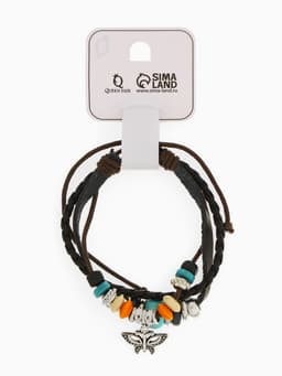 Браслет кожаный с подвеской «Бабочка и Бусины», d=5 см, 3 нити, разноцветный