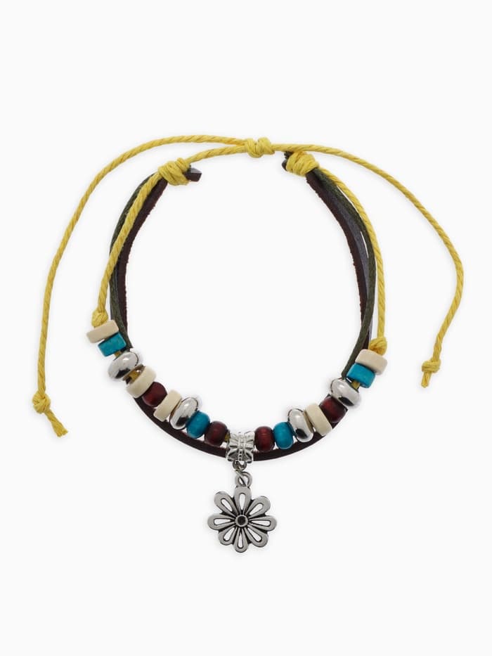 Браслет кожаный «Цветок с бусинами», d=5 см, 3 нити, разноцветный