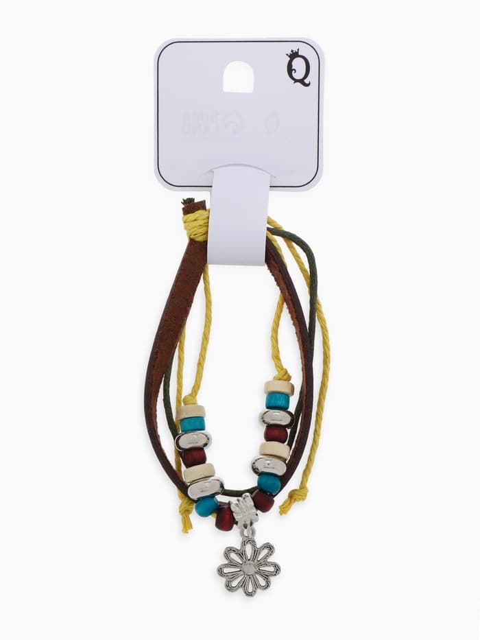 Браслет кожаный «Цветок с бусинами», d=5 см, 3 нити, разноцветный