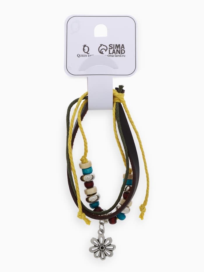 Браслет кожаный «Цветок с бусинами», d=5 см, 3 нити, разноцветный