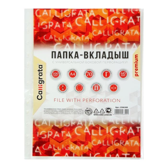 Файл - вкладыш Calligrata, А4, 60 мкм, плотный, глянцевый, вертикальный, 100 штук