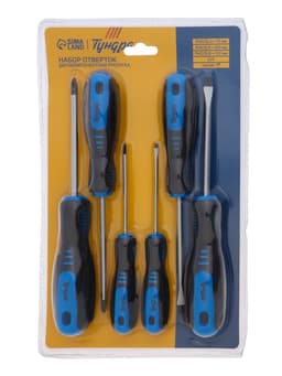 Набор отверток ТУНДРА, CrV, хром, 2К рукоятки, PH0, SL3×75 мм, PH1-2, SL5-6×100 мм, 6 шт.