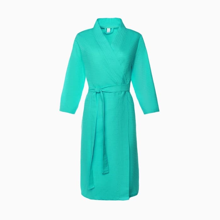 Халат вафельный женский Экономь и Я рукав 3/4, размер 54-56, бирюзовый, 100% хлопок, 200 г/м²