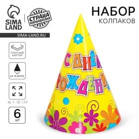 Бумажные колпаки «С днём рождения! Цветы», набор 6 шт., 16 см