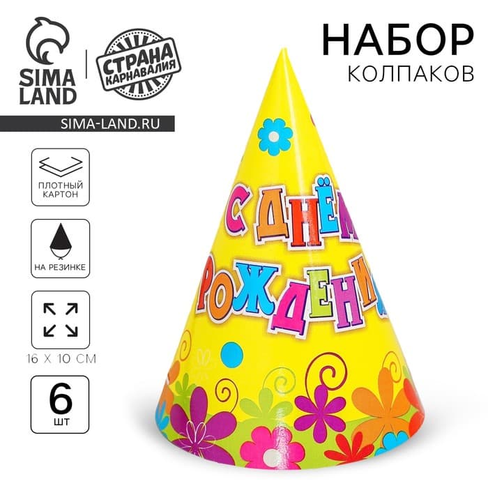 Бумажные колпаки «С днём рождения! Цветы», набор 6 шт., 16 см