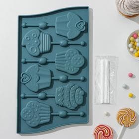 Форма для леденцов Доляна «Капкейк», силикон, 27.5×16.5 см, 6 ячеек (6×7 см), с палочками, МИКС