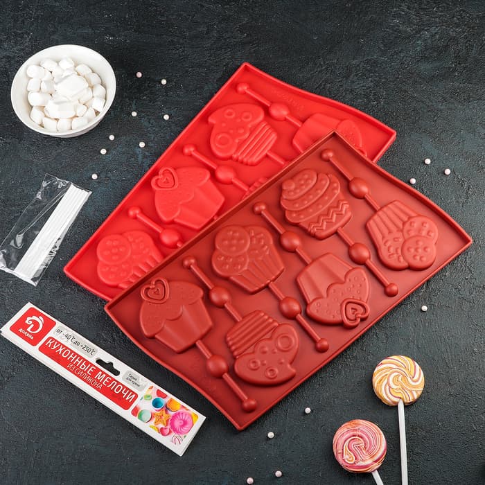 Форма для леденцов Доляна «Капкейк», силикон, 27.5×16.5 см, 6 ячеек (6×7 см), с палочками, МИКС