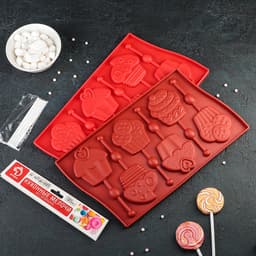 Форма для леденцов Доляна «Капкейк», силикон, 27.5×16.5 см, 6 ячеек (6×7 см), с палочками, МИКС