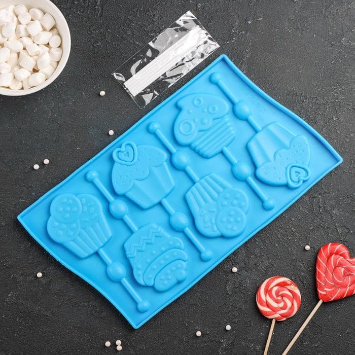 Форма для леденцов Доляна «Капкейк», силикон, 27.5×16.5 см, 6 ячеек (6×7 см), с палочками, МИКС