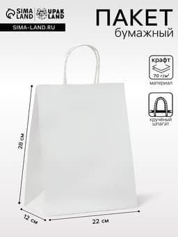Пакет крафт без печати, белый, круглая ручка 22×12×28 см