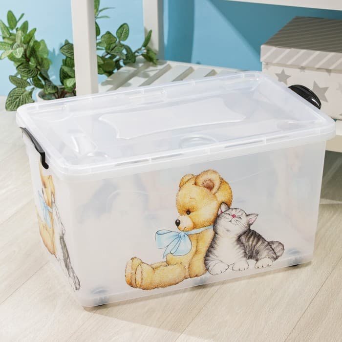 Контейнер для хранения на колёсиках «Мишка и котёнок», 50 л, 60×38×31 см, прозрачный