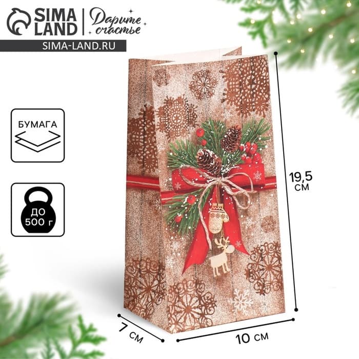 Пакет подарочный без ручек новогодний «Стильный подарок», 10×19.5×7 см