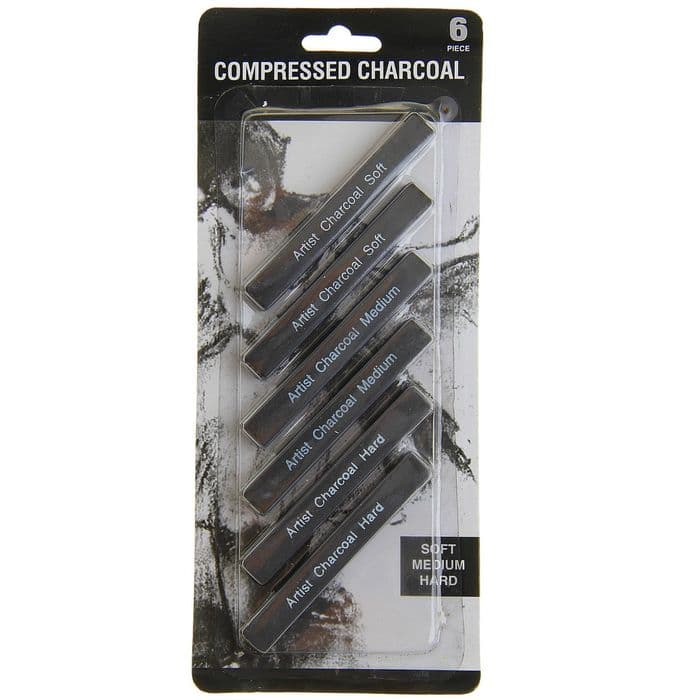 Уголь прессованный для рисования, чёрный, 6 штук в наборе (мягкий, средний, твёрдый)