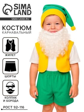 Карнавальный костюм «Гном», плюш лайт, жилет, шорты, колпак, борода, рост 92-116 см
