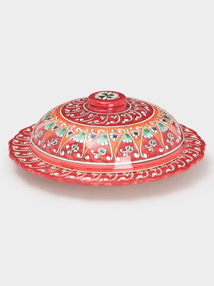 Блинница узбекская Риштанская Керамика «Цветы», d=24 см, керамика, красная