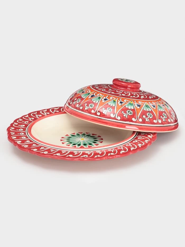 Блинница узбекская Риштанская Керамика «Цветы», d=24 см, керамика, красная