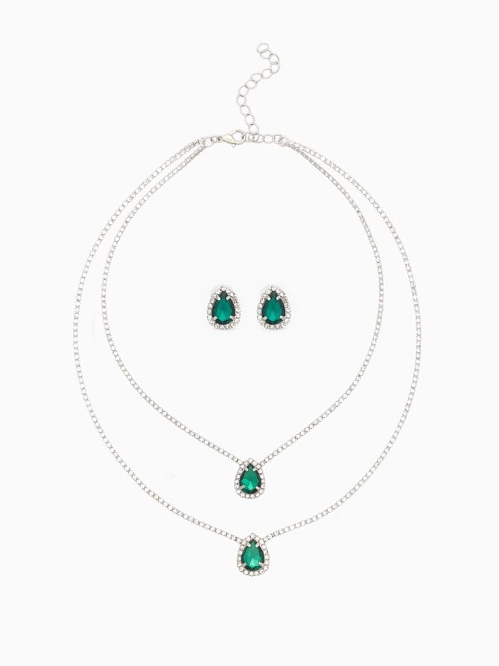 Набор 2 предмета: серьги, колье «Жаклин», дуэт, капля, цвет бело-изумрудный в серебре, 45 см