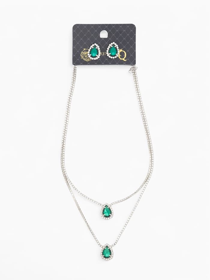 Набор 2 предмета: серьги, колье «Жаклин», дуэт, капля, цвет бело-изумрудный в серебре, 45 см
