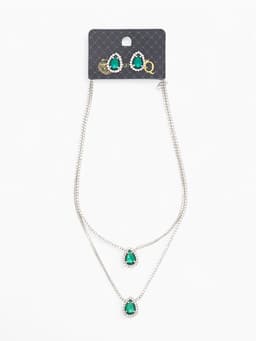 Набор 2 предмета: серьги, колье «Жаклин», дуэт, капля, цвет бело-изумрудный в серебре, 45 см