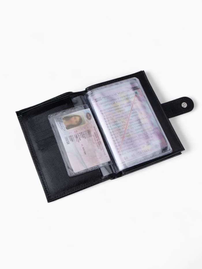 Обложка для документов 3 в 1, TEXTURA, на кнопке: для автодокументов, паспорта и купюр, чёрная