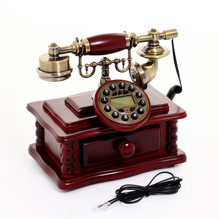 Ретро-телефон с выдвижным ящиком, темное дерево, 16×23×25 см