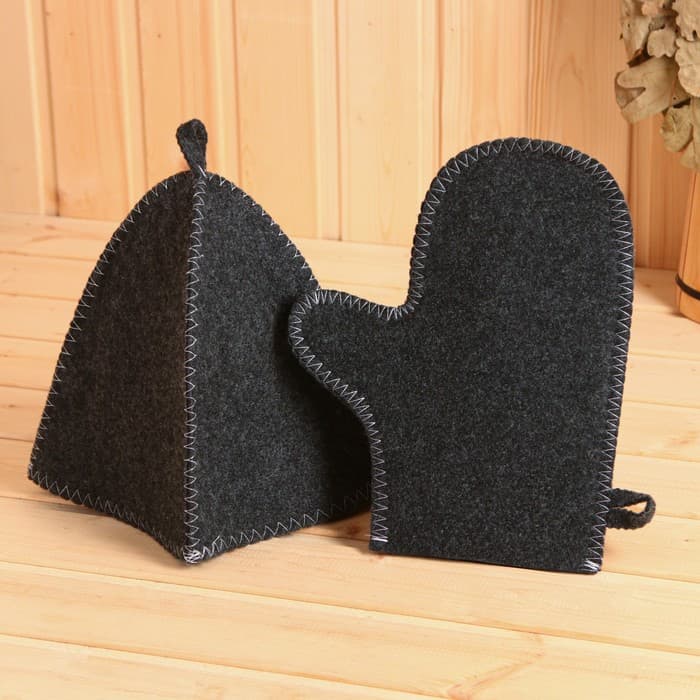 Набор для бани «Мужской», 5 предметов: шапка, коврик, рукавица, тапочки, сумка, шерсть 30%, полиэфир 70%, тёмный, «Добропаровъ»