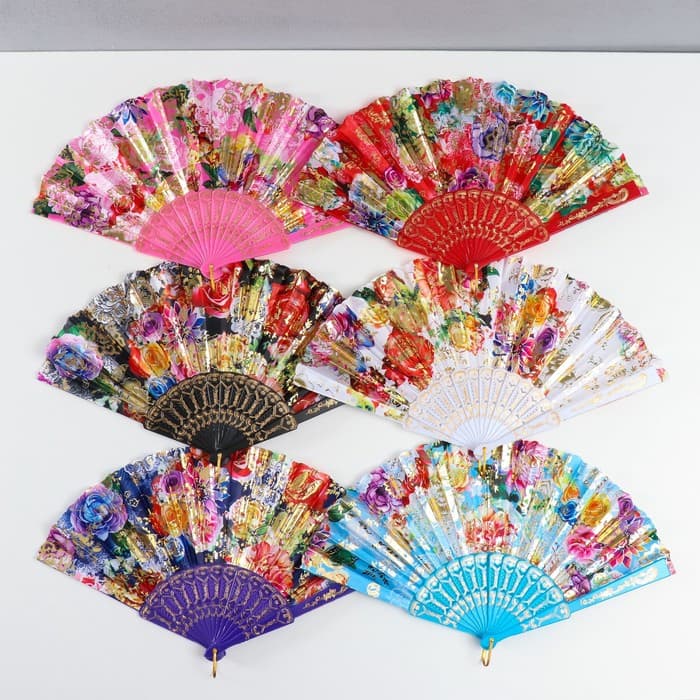 Веер складной «Цветочница», золото, пластик изгиб, 23 см, МИКС