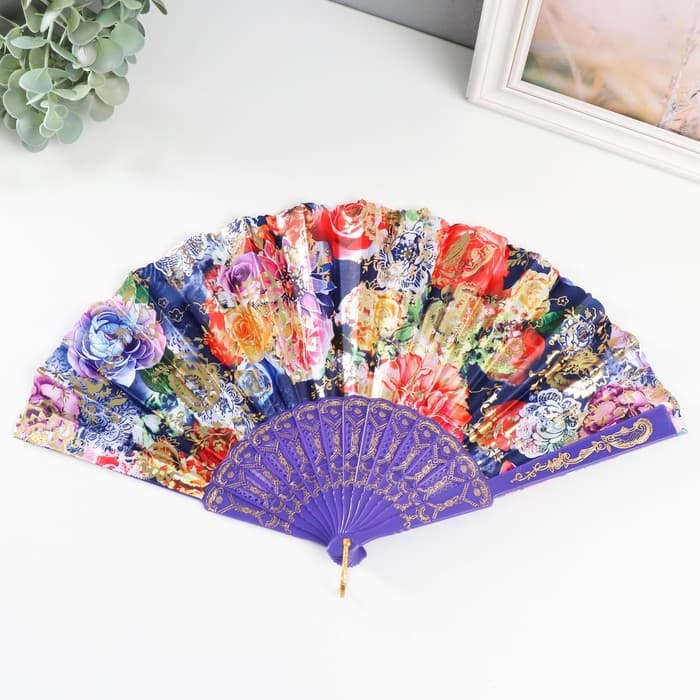 Веер складной «Цветочница», золото, пластик изгиб, 23 см, МИКС