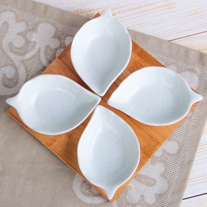 Соусники на деревянной подставке «Эстет. Лист», 50 мл, набор 4 шт., керамика, белые