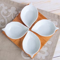 Соусники на деревянной подставке «Эстет. Лист», 50 мл, набор 4 шт., керамика, белые