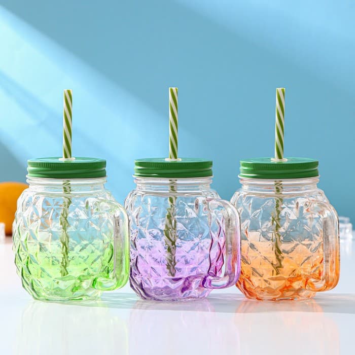 Банка с крышкой и трубочкой Доляна «Ананас», 500 мл, 12.5×9.5×13 см, стекло, МИКС