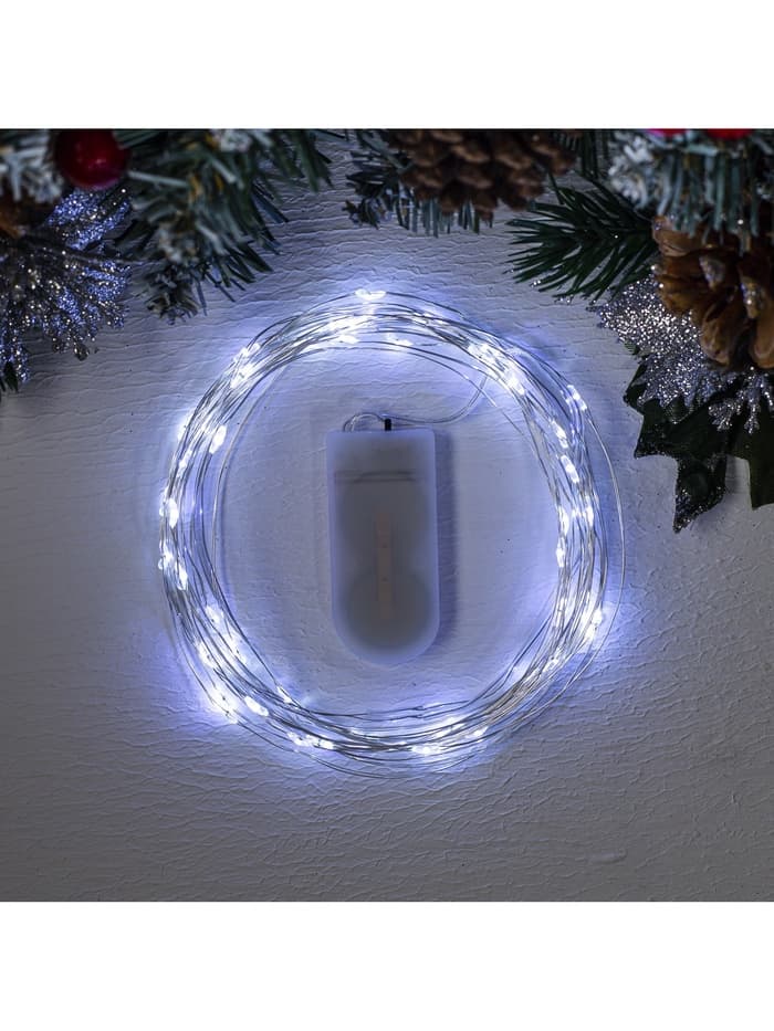 Гирлянда «Нить» 5 м роса, IP20, серебристая нить, 50 LED, батарейки CR2032×2 (в комплекте), свечение белое