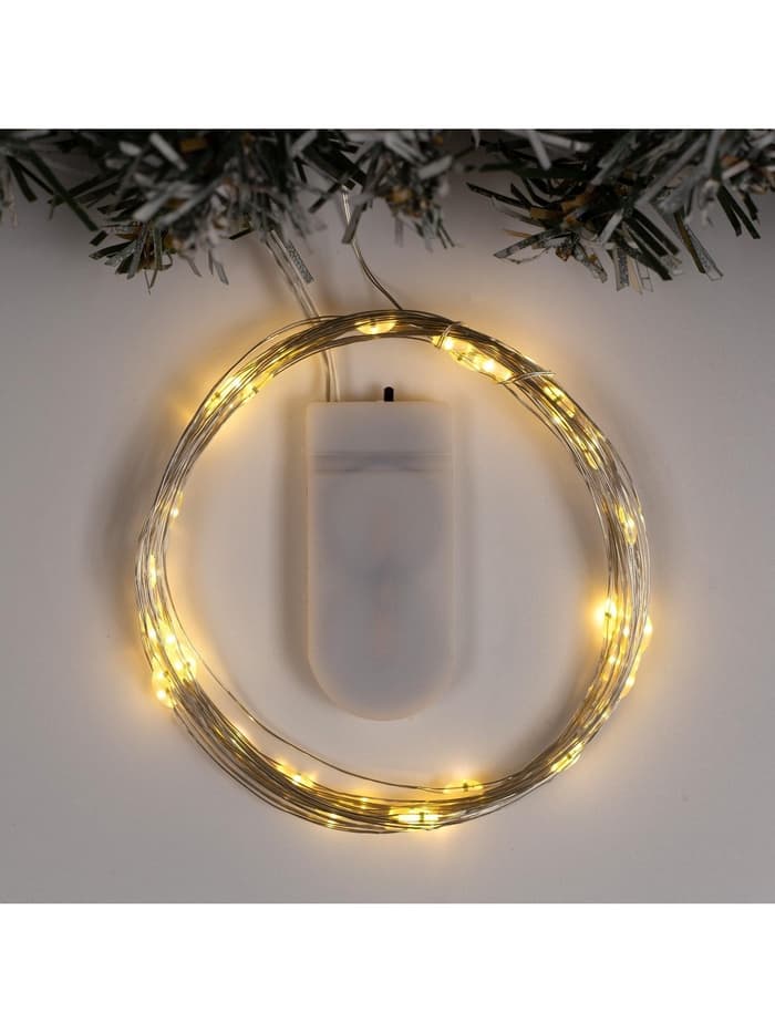 Гирлянда «Нить» 5 м роса, IP20, серебристая нить, 50 LED, батарейки CR2032×2 (в комплекте), свечение тёплое белое