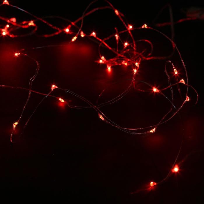 Гирлянда «Нить» 5 м, роса, IP20, серебристая нить, 50 LED, от батареек CR2032×2, свечение красное