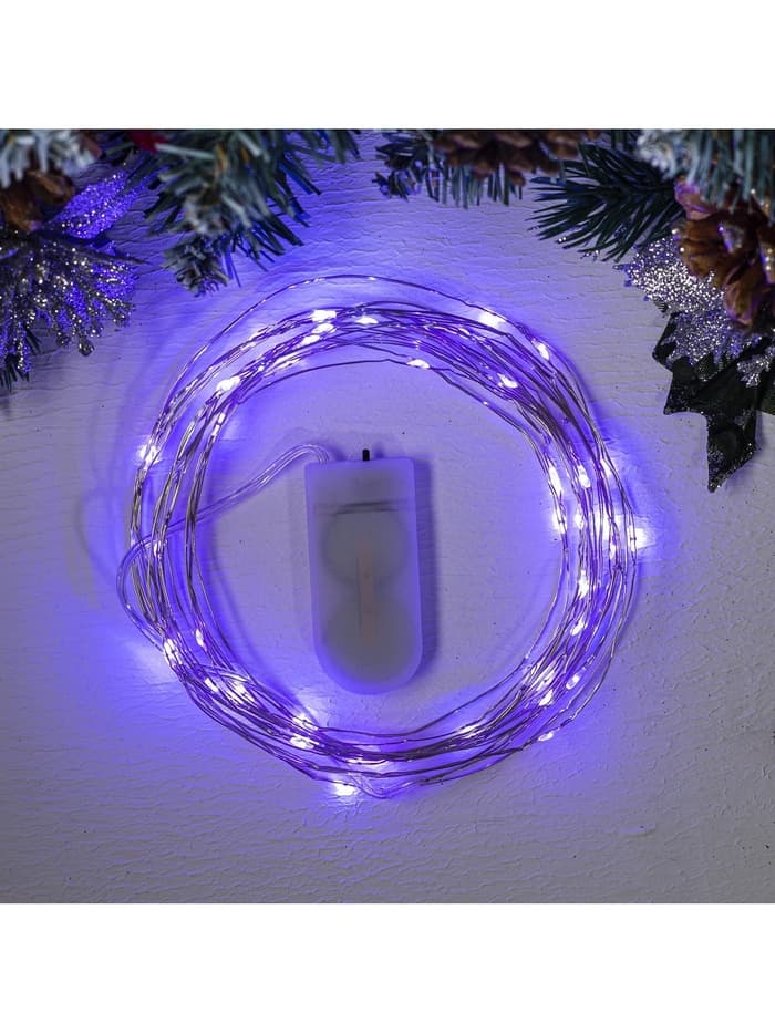 Гирлянда «Нить» 5 м роса, IP20, серебристая нить, 50 LED, батарейки CR2032×2 (в комплекте), свечение фиолетовое