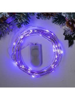 Гирлянда «Нить» 5 м роса, IP20, серебристая нить, 50 LED, батарейки CR2032×2 (в комплекте), свечение фиолетовое