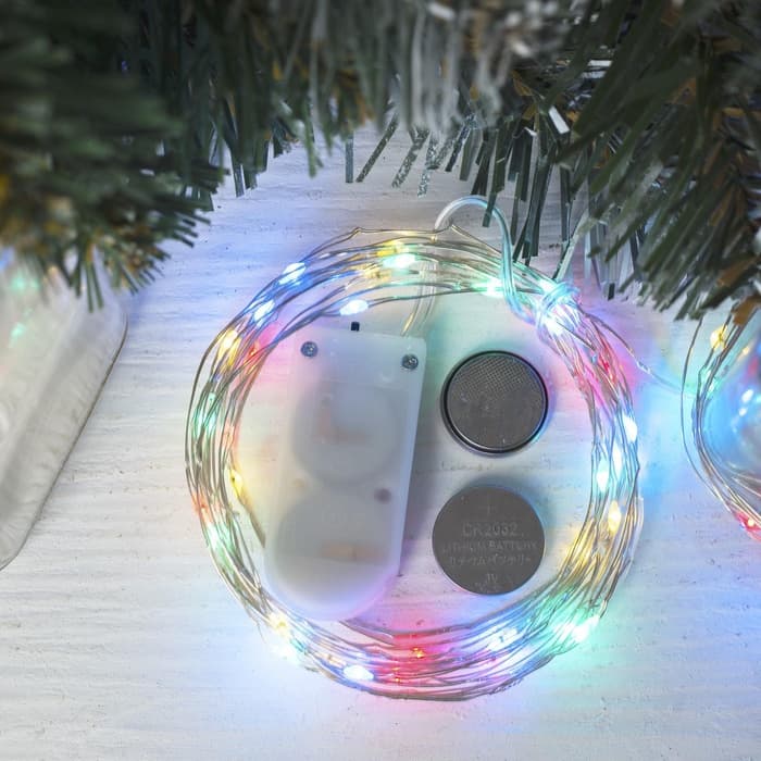 Гирлянда «Нить» 5 м, роса, IP20, серебристая нить, 50 LED, от батареек CR2032×2, свечение мульти