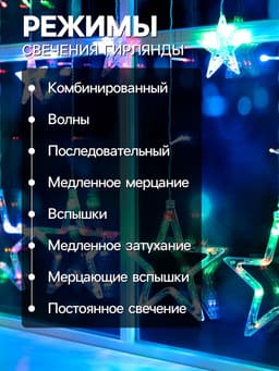 Гирлянда «Бахрома» 2.4×0.9 м с насадками «Звёзды», IP20, прозрачная нить, 138 LED, свечение мульти, 8 режимов, 220 В