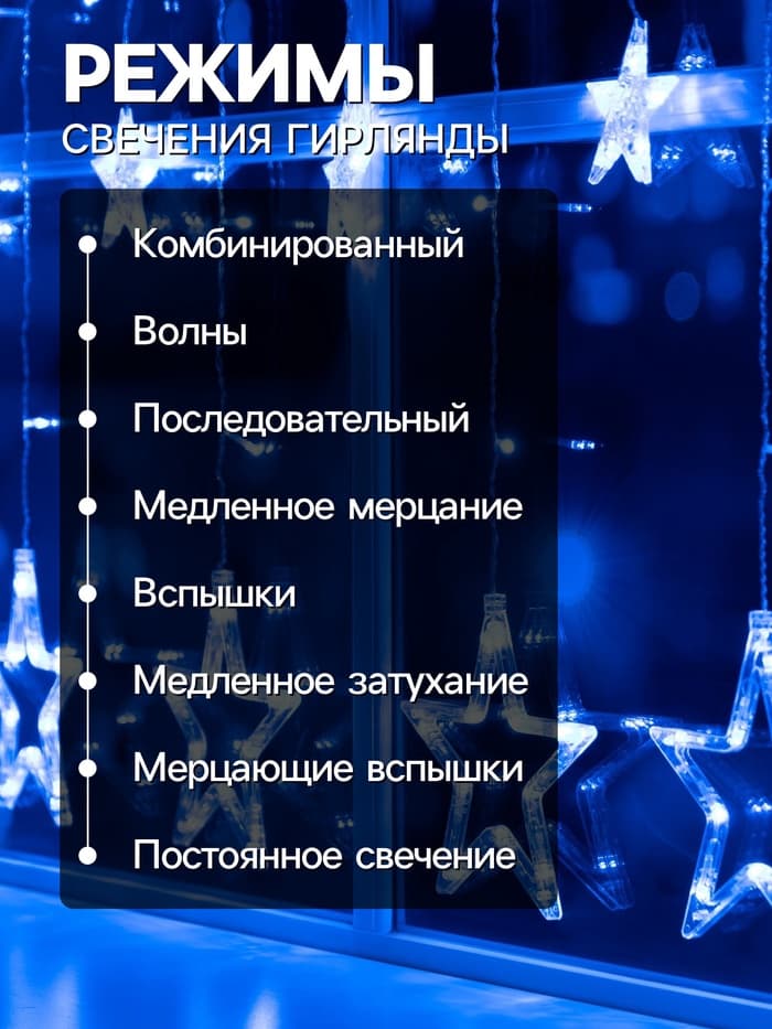 Гирлянда «Бахрома» 2.4×0.9 м с насадками «Звёзды», IP20, прозрачная нить, 138 LED, свечение синее, 8 режимов, 220 В