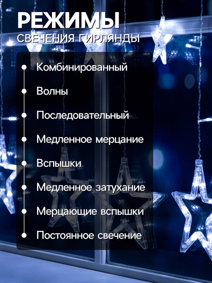 Гирлянда «Бахрома» 2.4×0.9 м с насадками «Звёзды», IP20, прозрачная нить, 138 LED, свечение белое, 8 режимов, 220 В