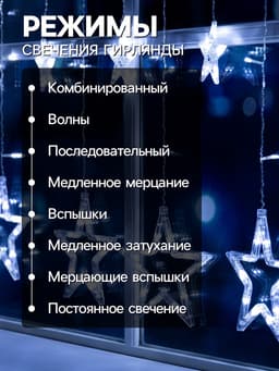 Гирлянда «Бахрома» 2.4×0.9 м с насадками «Звёзды», IP20, прозрачная нить, 138 LED, свечение белое, 8 режимов, 220 В