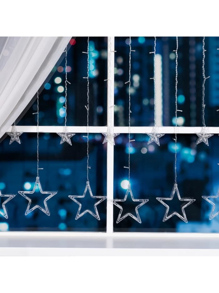 Гирлянда «Бахрома» 2.4×0.9 м с насадками «Звёзды», IP20, прозрачная нить, 138 LED, свечение белое, 8 режимов, 220 В