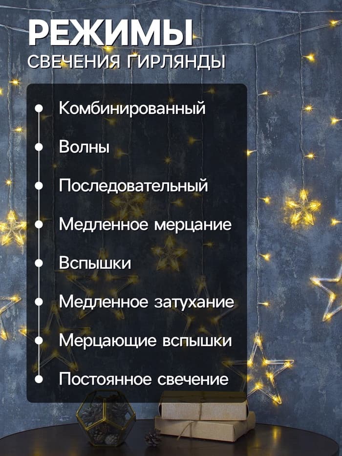 Гирлянда «Бахрома» 2.4×0.9 м с насадками «Звёзды», IP20, прозрачная нить, 138 LED, свечение тёплое белое, 8 режимов, 220 В