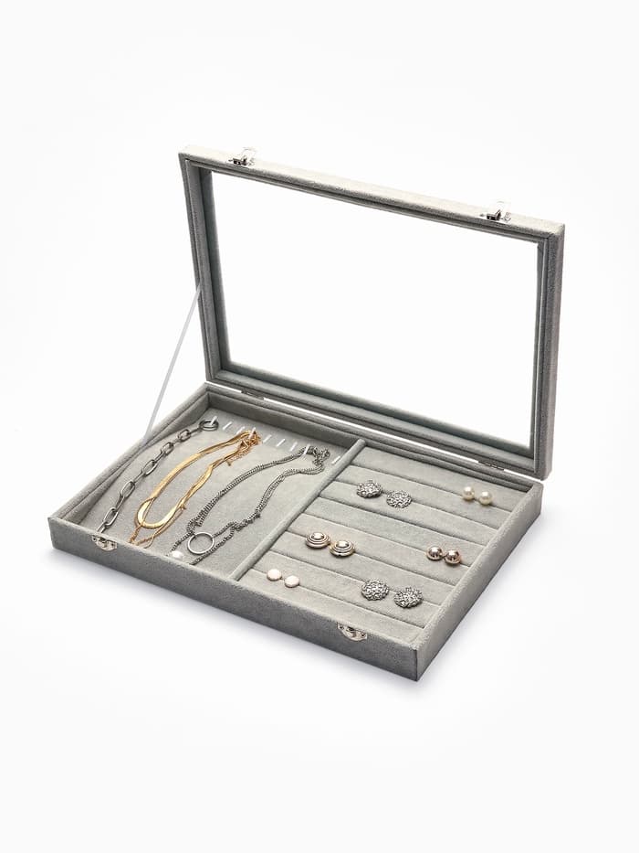 Шкатулка для украшений 10 крючков и 8 полос, 35×24×5, стеклянная крышка, серая