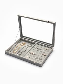 Шкатулка для украшений 10 крючков и 8 полос, 35×24×5, стеклянная крышка, серая