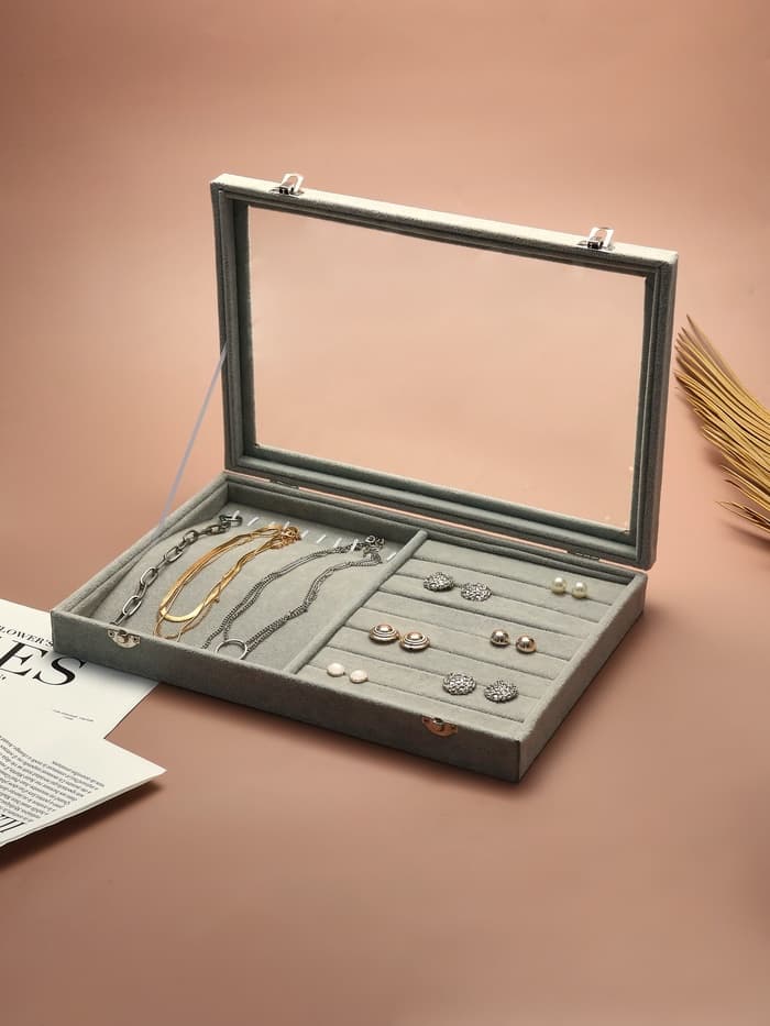 Шкатулка для украшений 10 крючков и 8 полос, 35×24×5, стеклянная крышка, серая