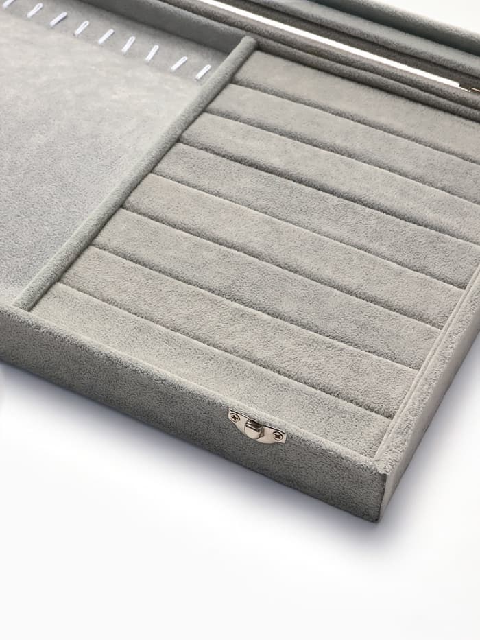 Шкатулка для украшений 10 крючков и 8 полос, 35×24×5, стеклянная крышка, серая