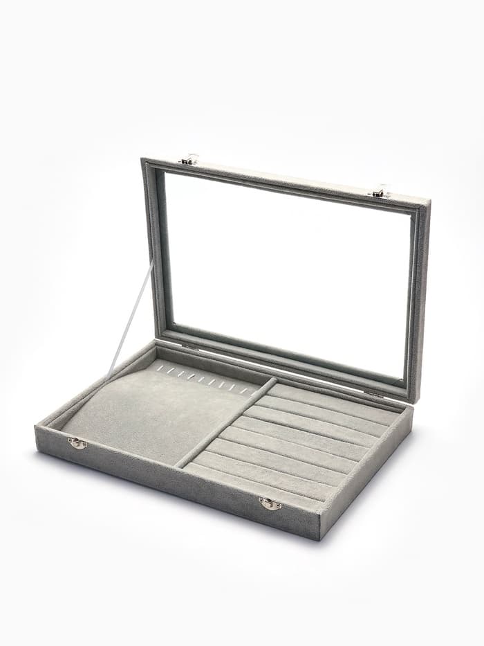 Шкатулка для украшений 10 крючков и 8 полос, 35×24×5, стеклянная крышка, серая