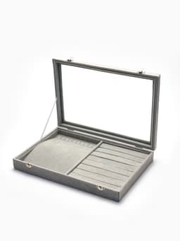 Шкатулка для украшений 10 крючков и 8 полос, 35×24×5, стеклянная крышка, серая