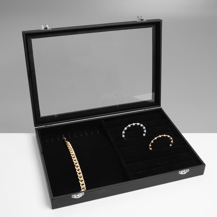 Шкатулка для украшений 10 крючков и 8 полос, 35×24×5, стеклянная крышка, чёрная